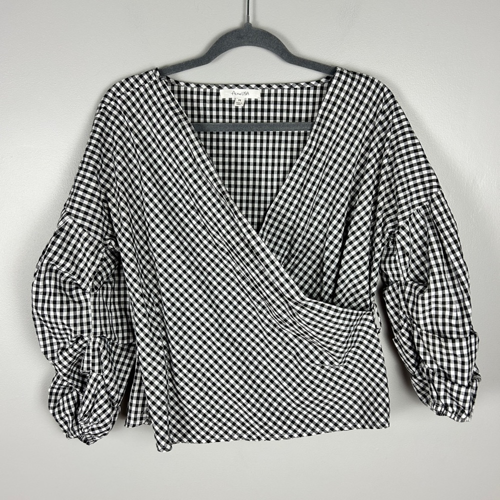 Puff Sleeve Gingham Top Size Med Faux Wrap Black White Cottagecore Picnic Summer